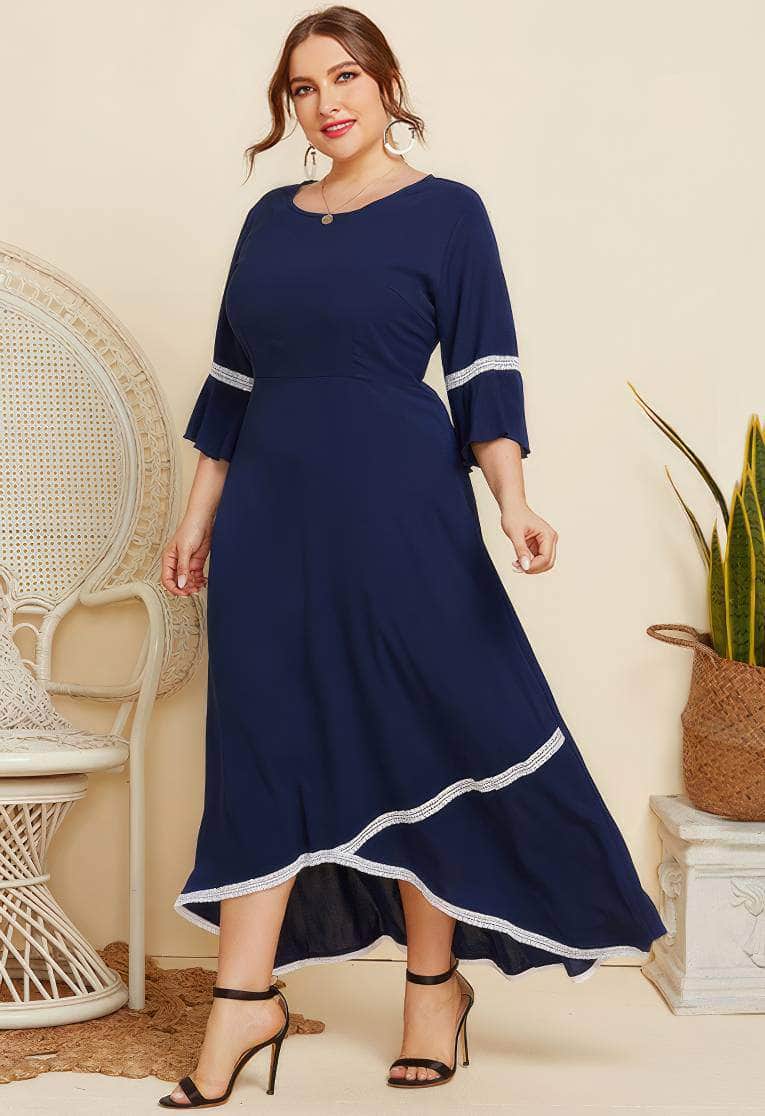Plus Size Geometric Trim Notched Bell Sleeves Dress