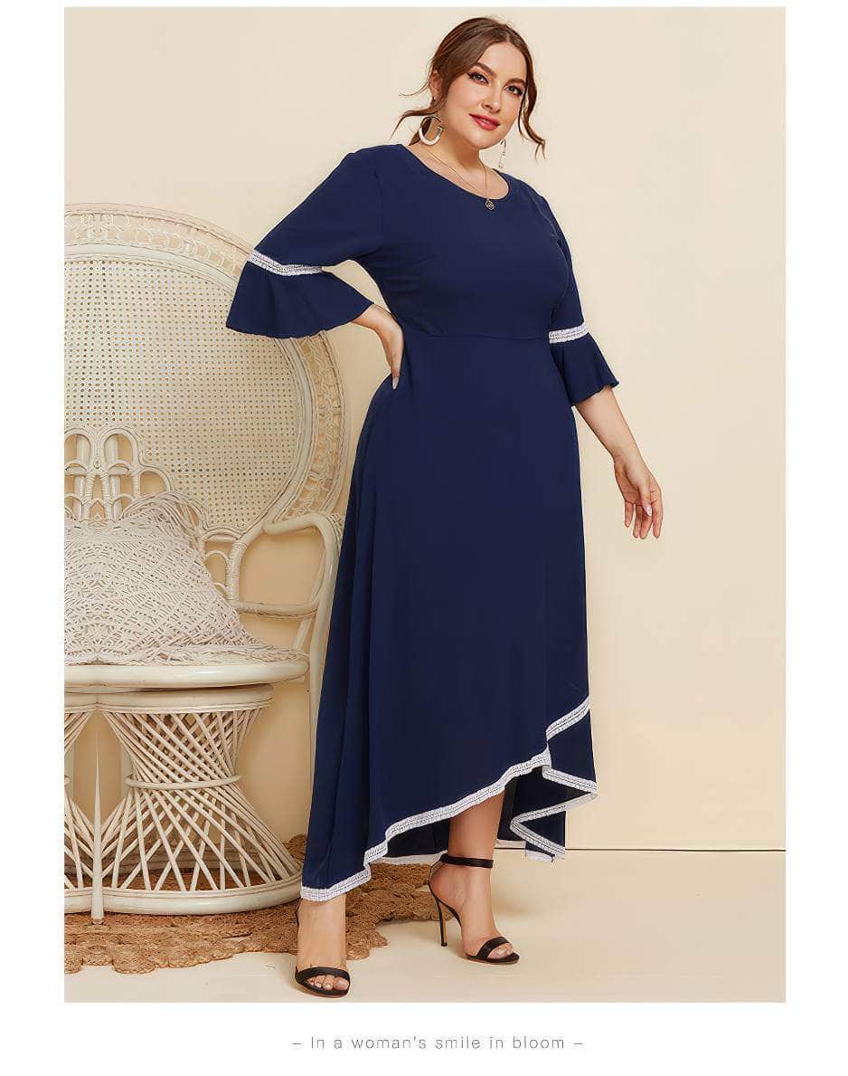 Plus Size Geometric Trim Notched Bell Sleeves Dress