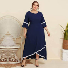 Plus Size Geometric Trim Notched Bell Sleeves Dress