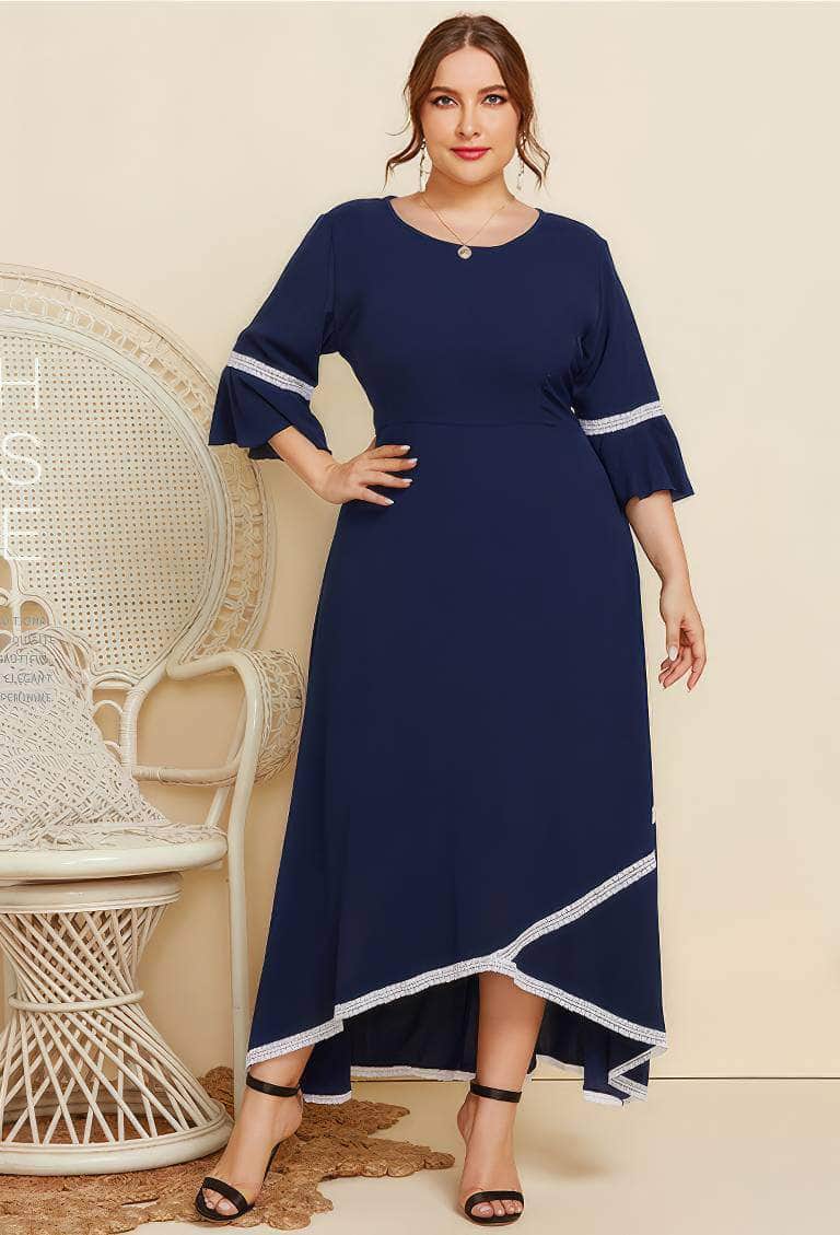 Plus Size Geometric Trim Notched Bell Sleeves Dress