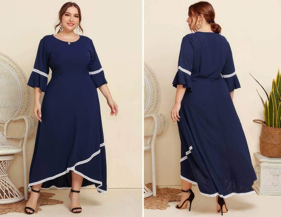 Plus Size Geometric Trim Notched Bell Sleeves Dress