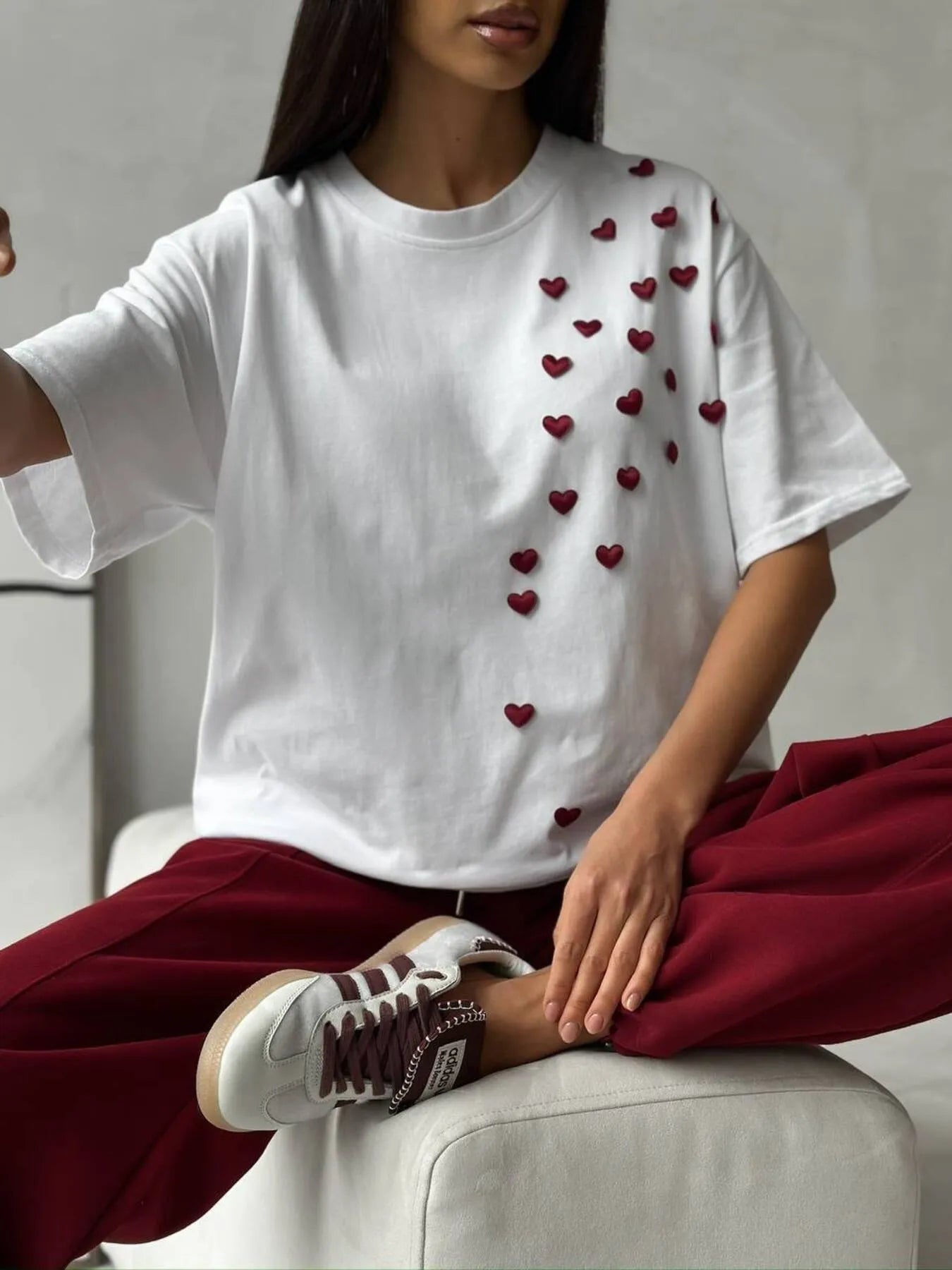 Plus Size Heart Round Neck Short Sleeve T-Shirt White / M