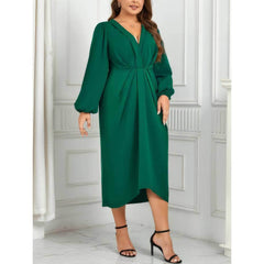 Plus Size Lantern Sleeves Front Knot Pleat Detailed Dress