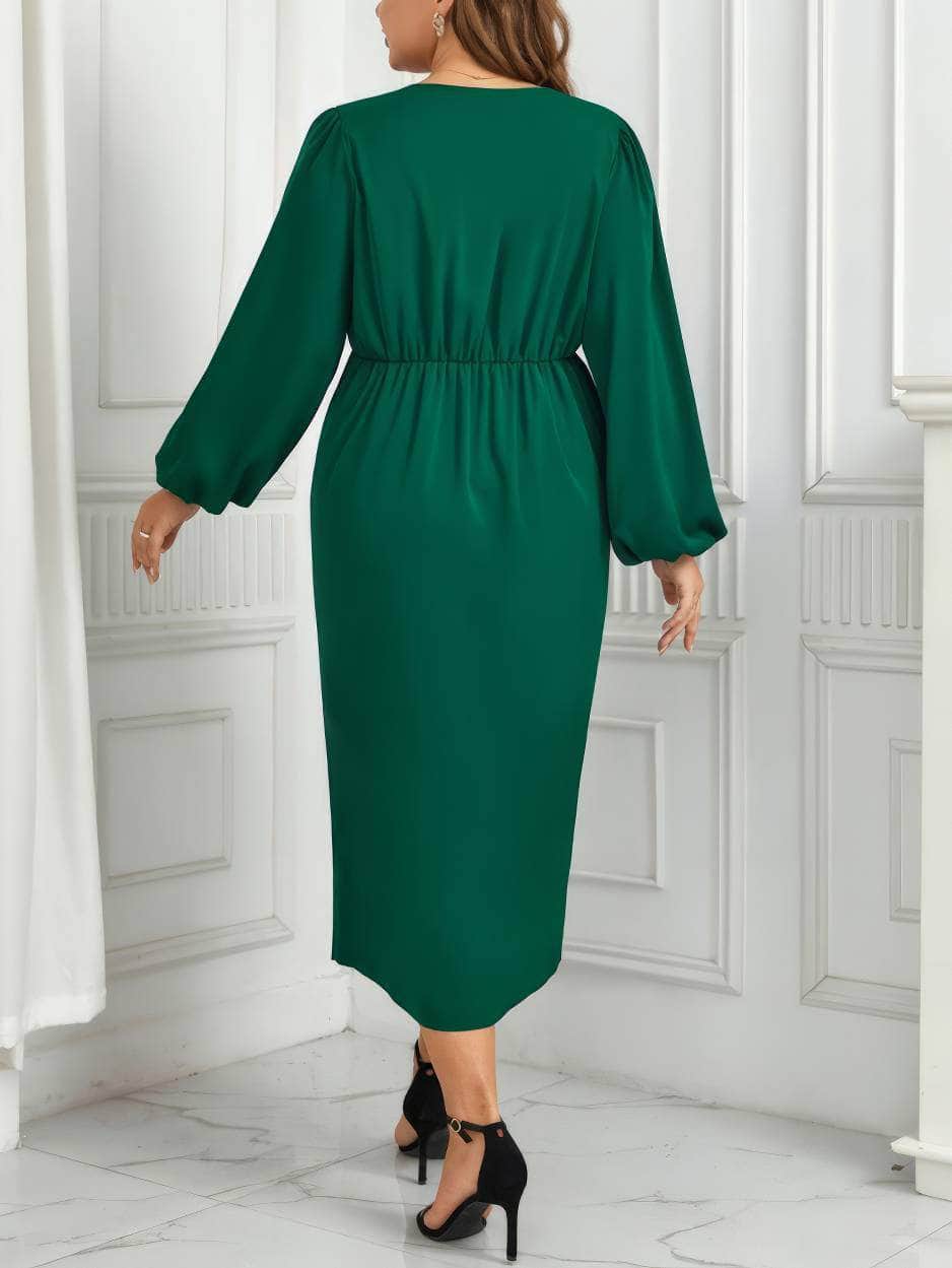 Plus Size Lantern Sleeves Front Knot Pleat Detailed Dress
