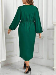 Plus Size Lantern Sleeves Front Knot Pleat Detailed Dress