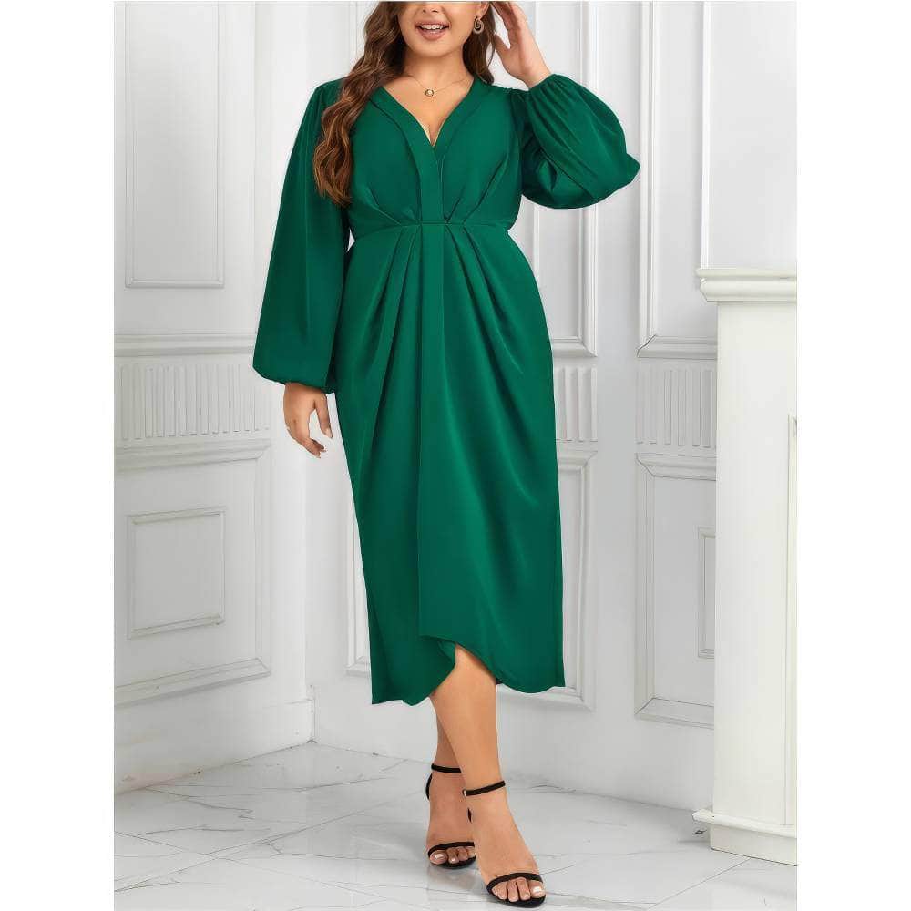 Plus Size Lantern Sleeves Front Knot Pleat Detailed Dress