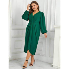 Plus Size Lantern Sleeves Front Knot Pleat Detailed Dress