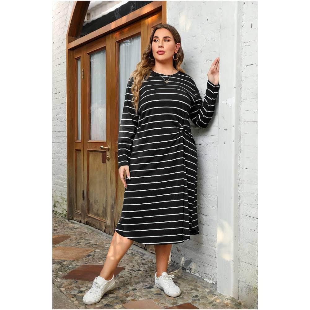 Plus Size Long Sleeves Striped Side Knot Rib Knit Dress