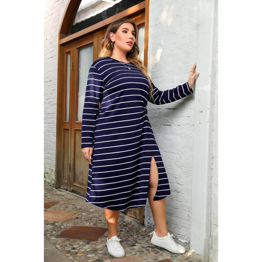 Plus Size Long Sleeves Striped Side Knot Rib Knit Dress