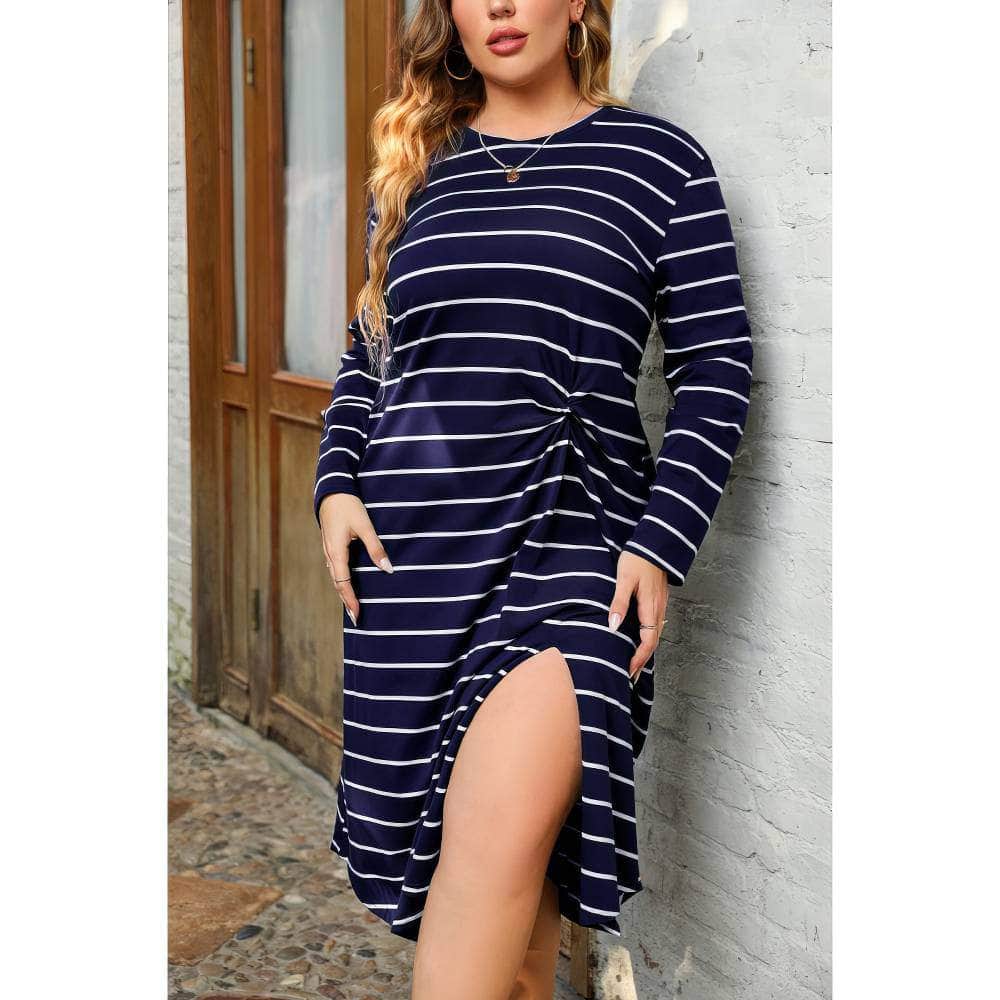 Plus Size Long Sleeves Striped Side Knot Rib Knit Dress
