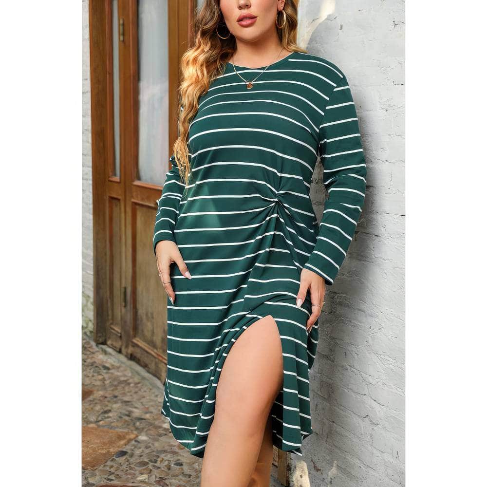 Plus Size Long Sleeves Striped Side Knot Rib Knit Dress