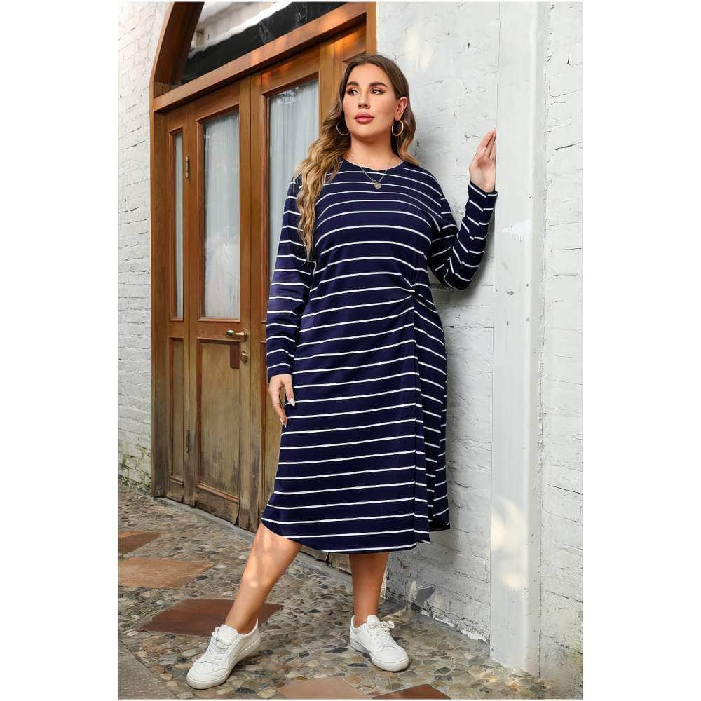 Plus Size Long Sleeves Striped Side Knot Rib Knit Dress