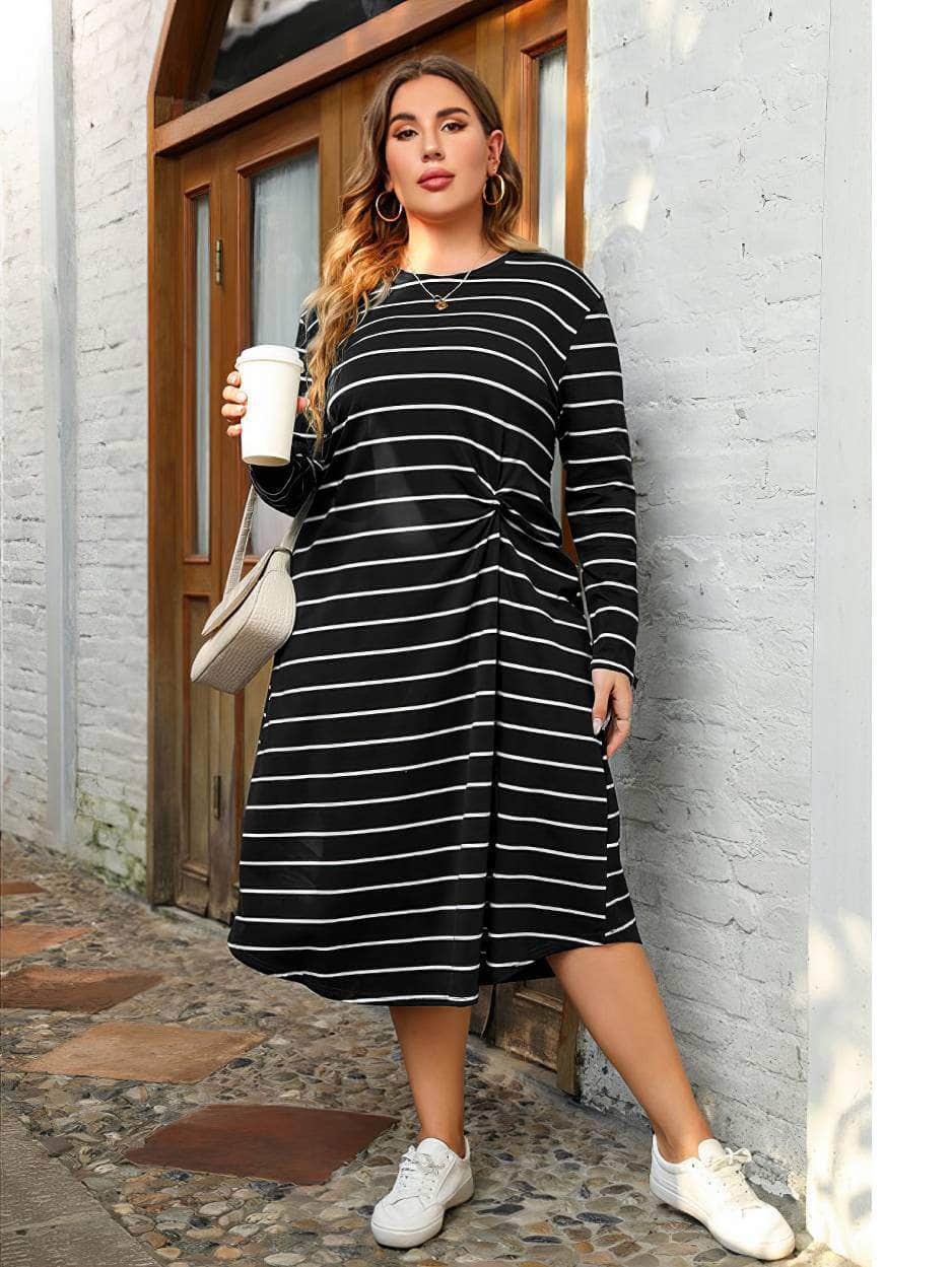 Plus Size Long Sleeves Striped Side Knot Rib Knit Dress US 16-18 / Black