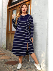 Plus Size Long Sleeves Striped Side Knot Rib Knit Dress US 16-18 / Blue