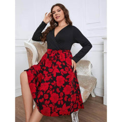 Plus Size Long Sleeves Surplice Neck Floral Hem Dress