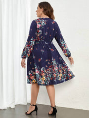 Plus Size Long Sleeves V-neck Floral A-line Dress