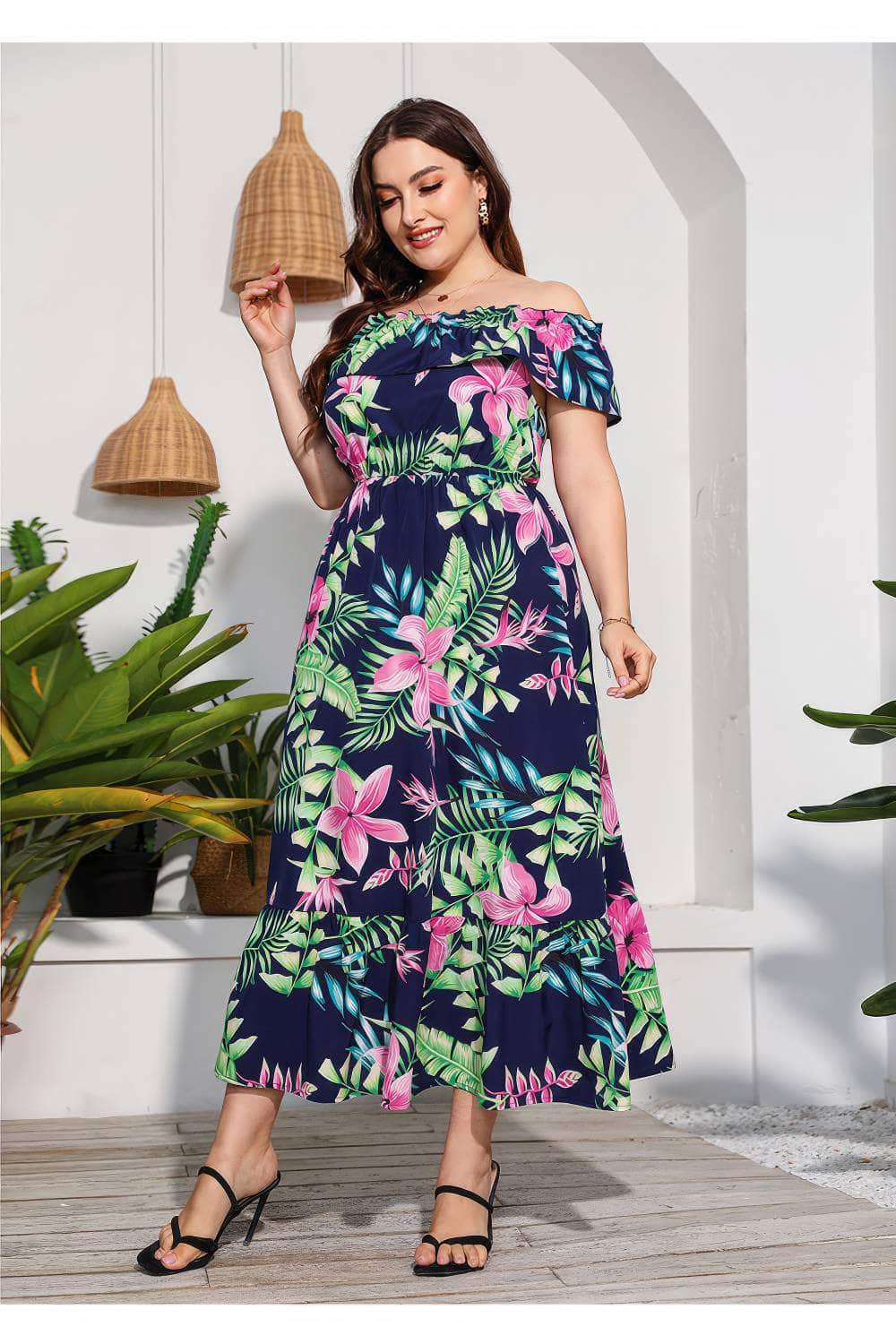 Plus Size Off-Shoulder Floral Print Maxi Dress