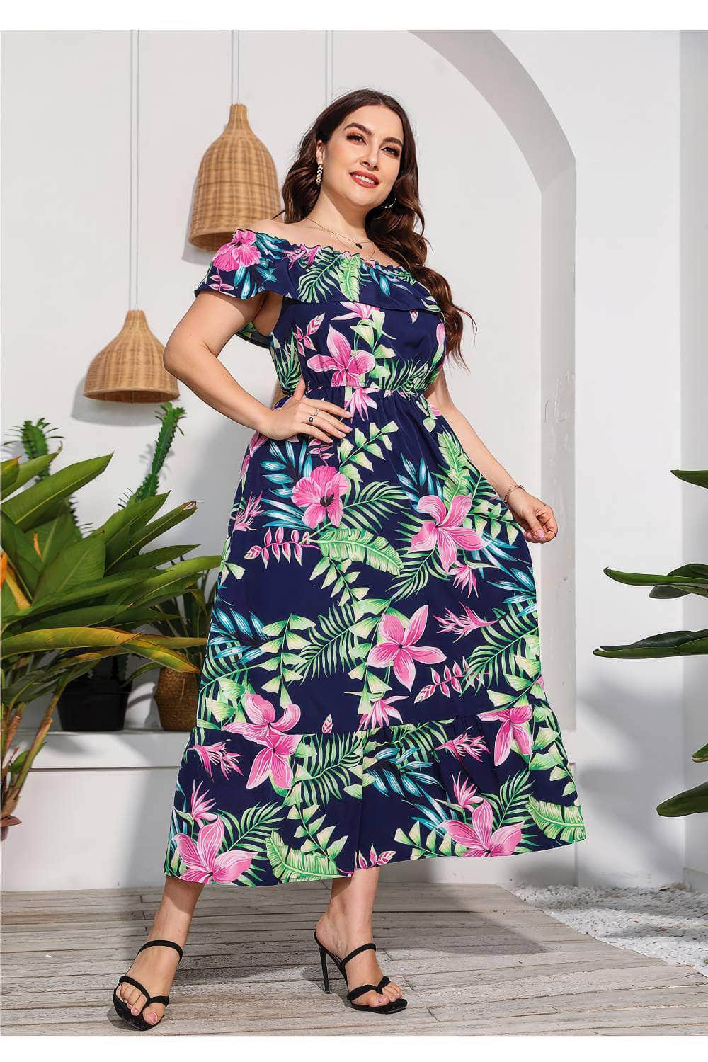 Plus Size Off-Shoulder Floral Print Maxi Dress