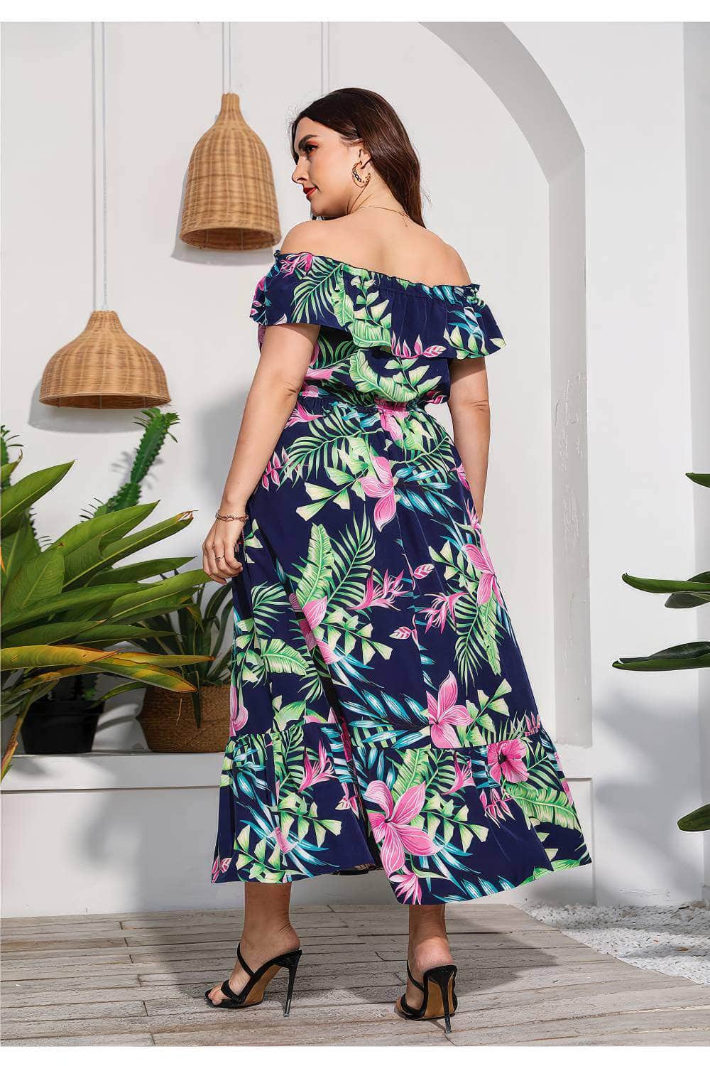 Plus Size Off-Shoulder Floral Print Maxi Dress