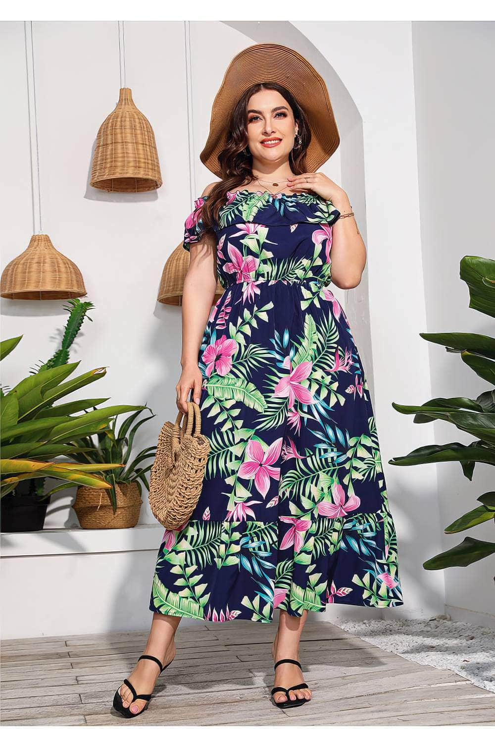 Plus Size Off-Shoulder Floral Print Maxi Dress