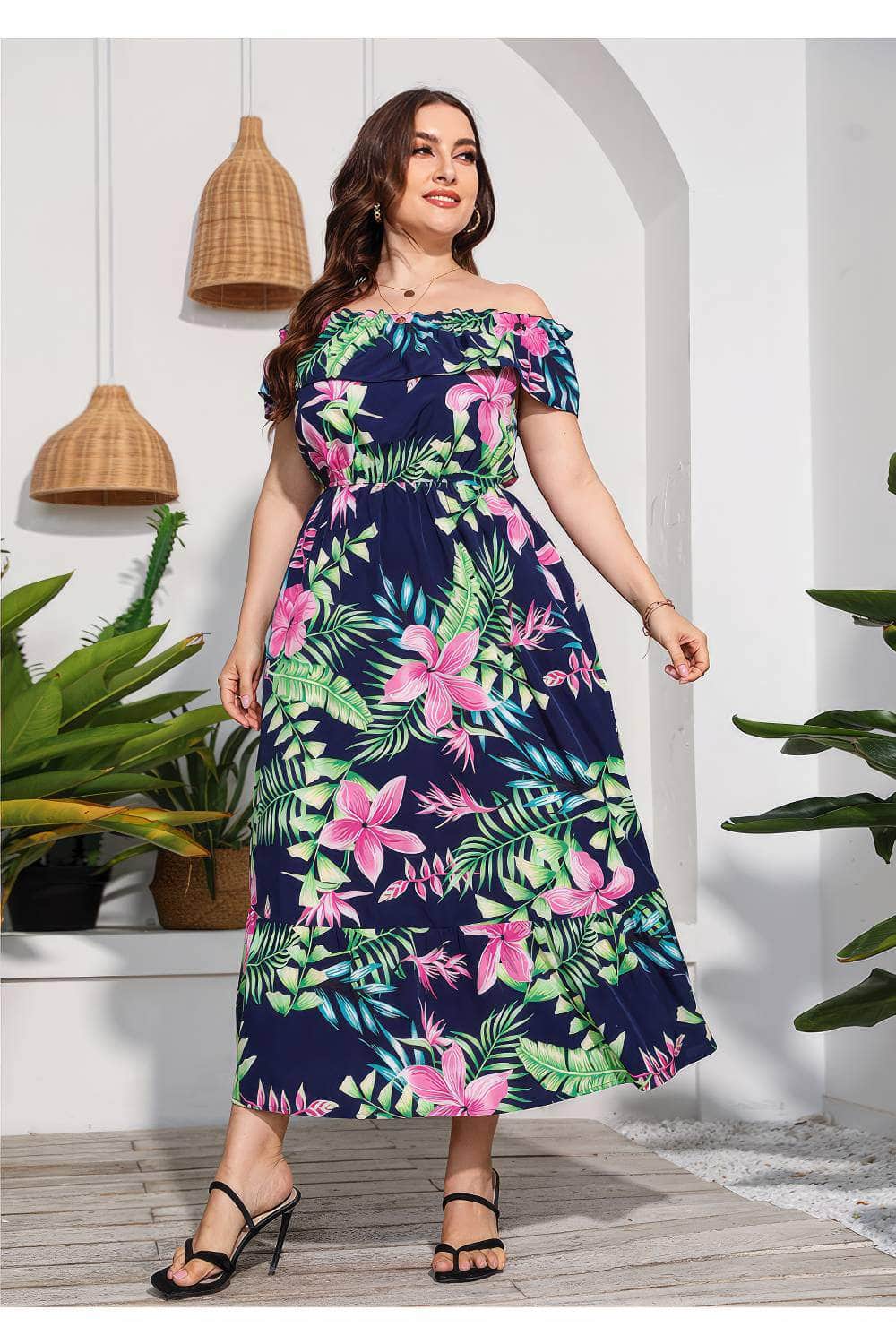 Plus Size Off-Shoulder Floral Print Maxi Dress