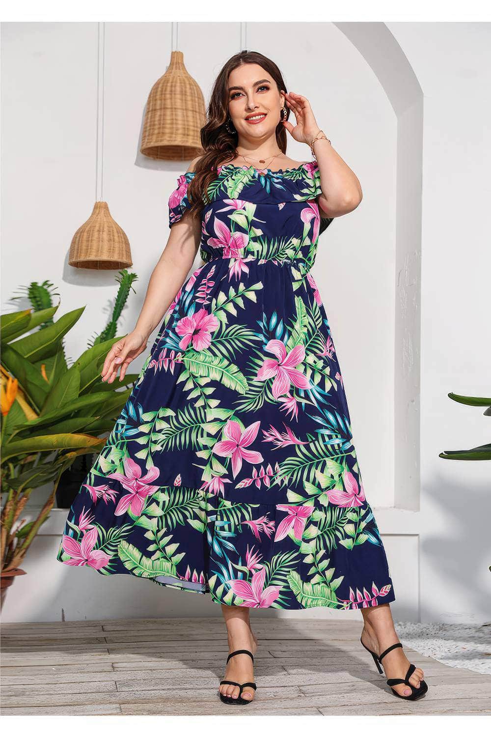 Plus Size Off-Shoulder Floral Print Maxi Dress