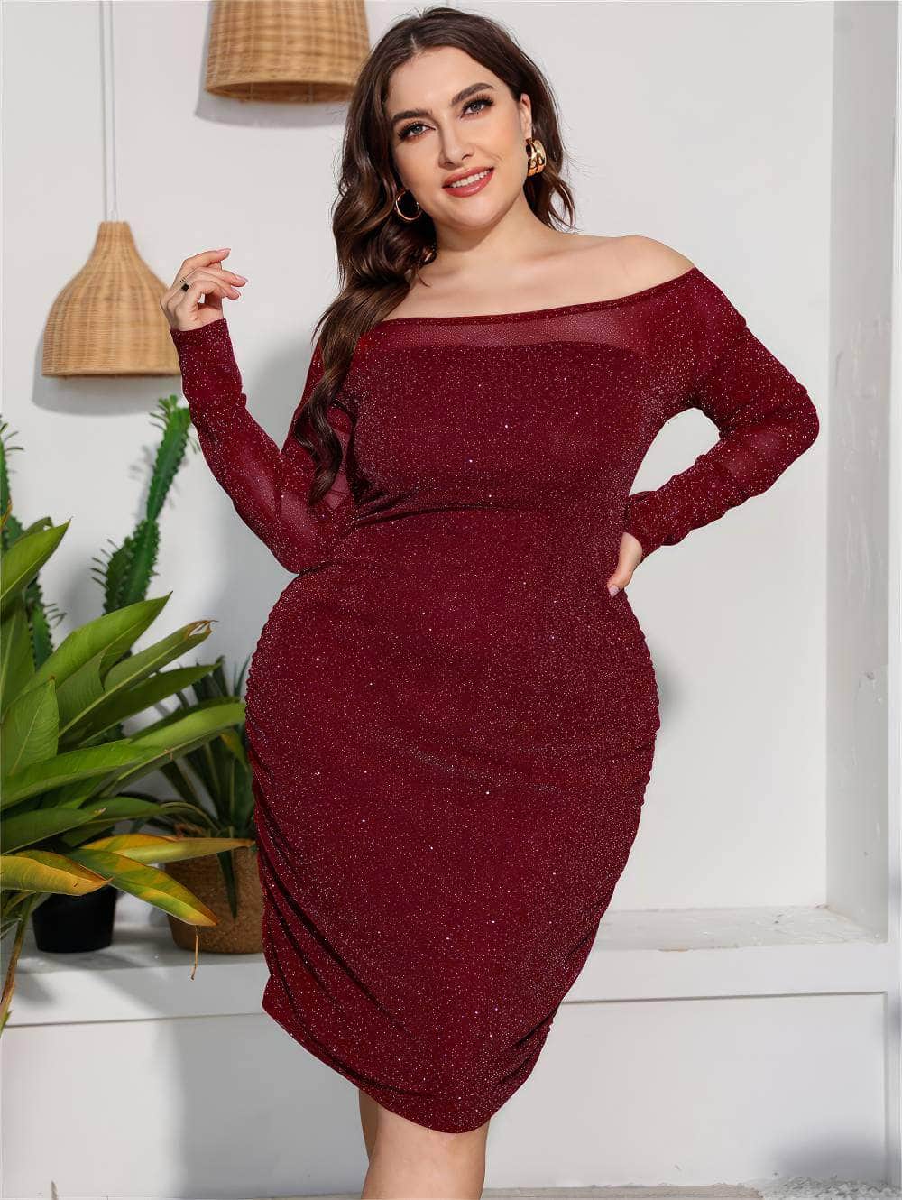 Plus Size Off-Shoulder Mesh Sequin Midi Dress