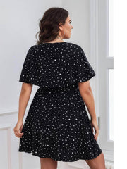 Plus Size Polka Dot Butterfly Sleeves Belted Dress