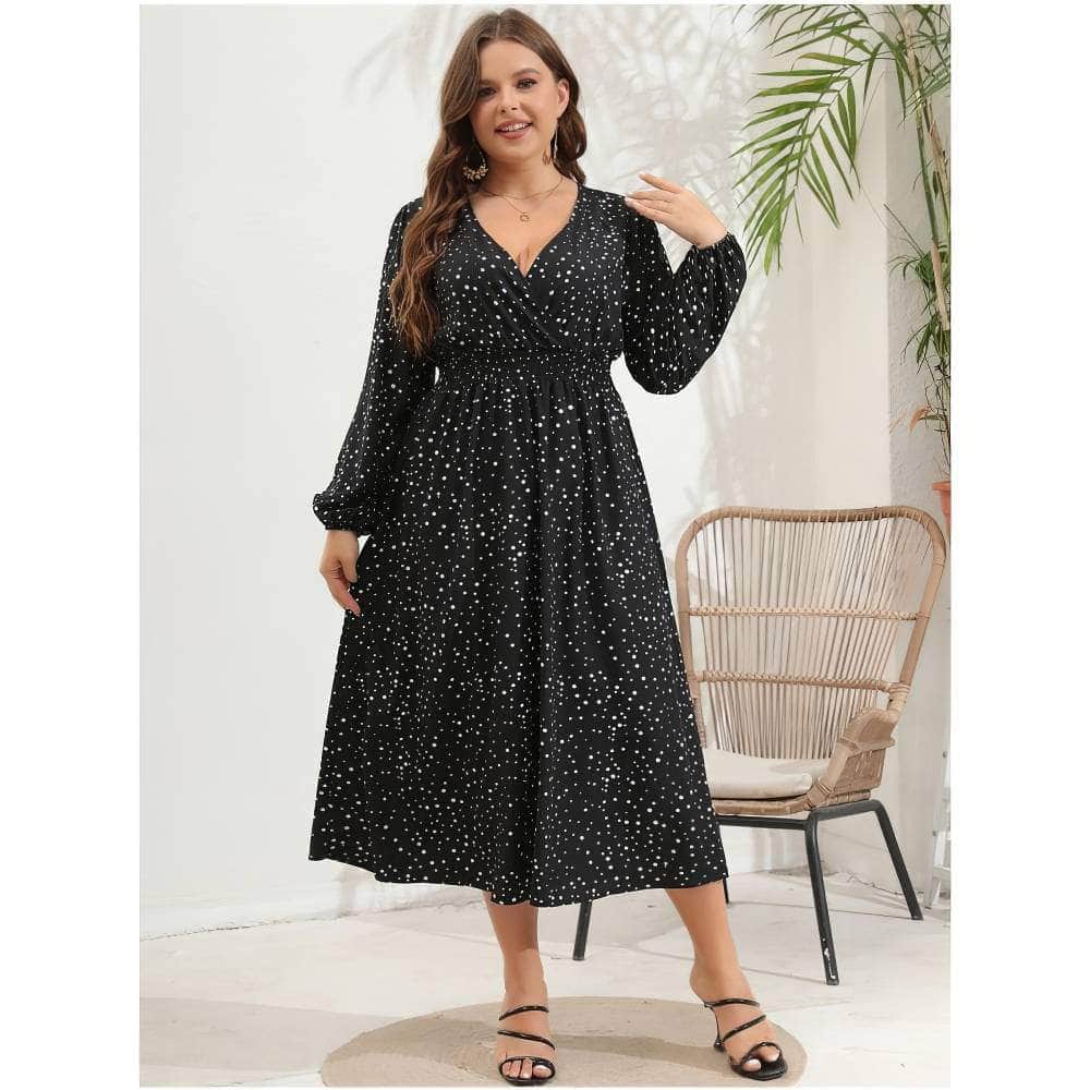 Plus Size Polka Dot Lantern Sleeves Ruched Maxi Dress