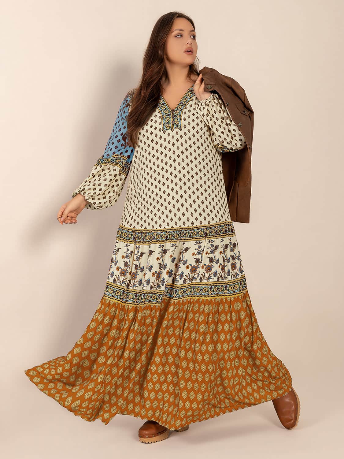 Plus Size Printed V-Neck Balloon Sleeve Maxi Dress
