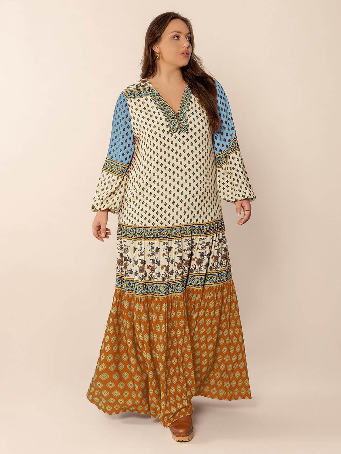 Plus Size Printed V-Neck Balloon Sleeve Maxi Dress Camel / 0XL