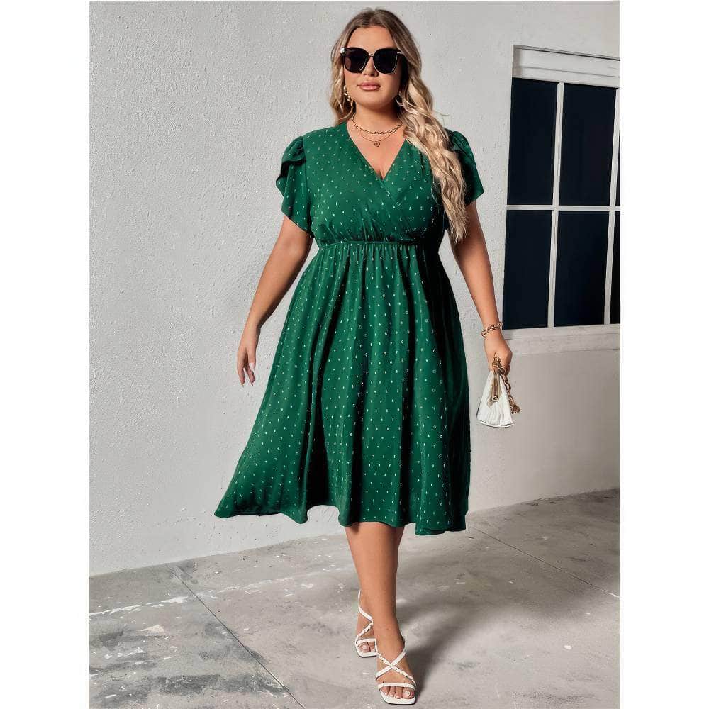 Plus Size Ruffled Sleeves Surplice Neck Floral Lace Dress