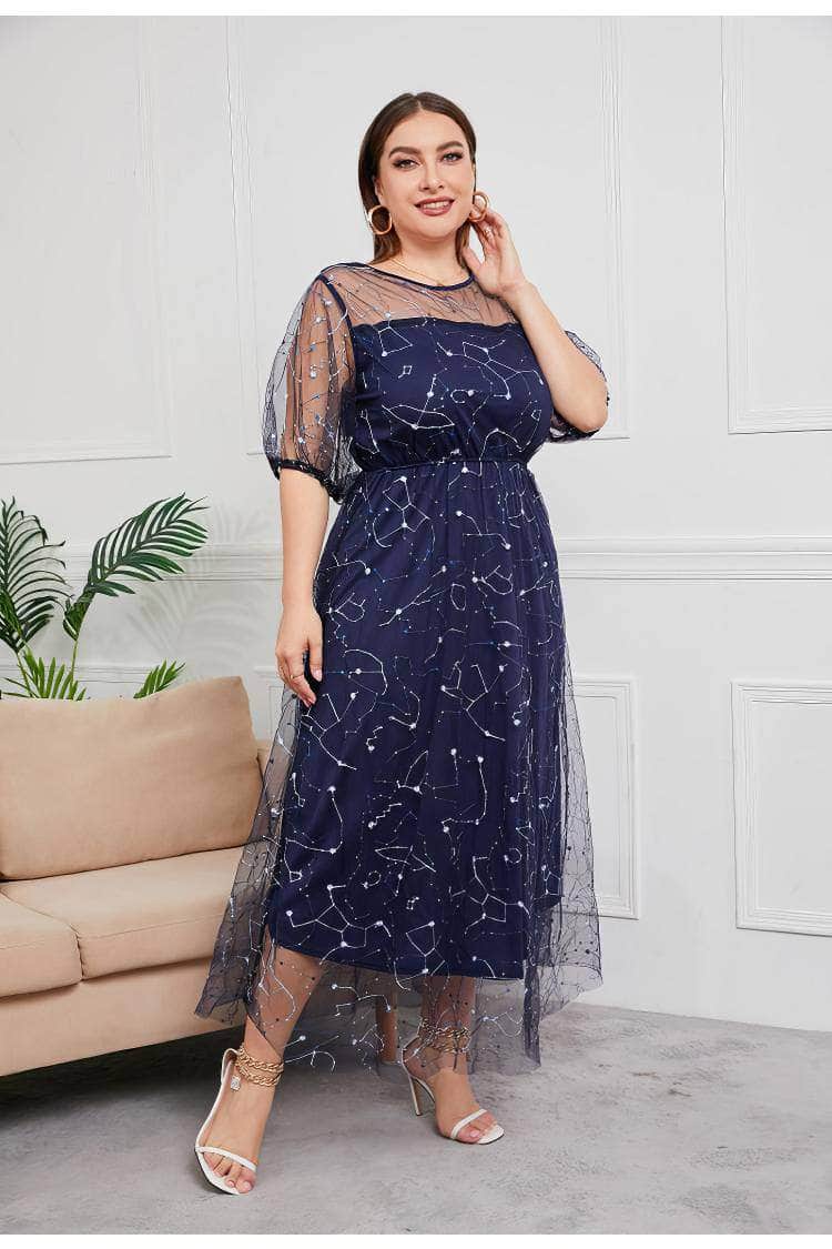 Plus Size Sequin Tulle Tea Length Dress