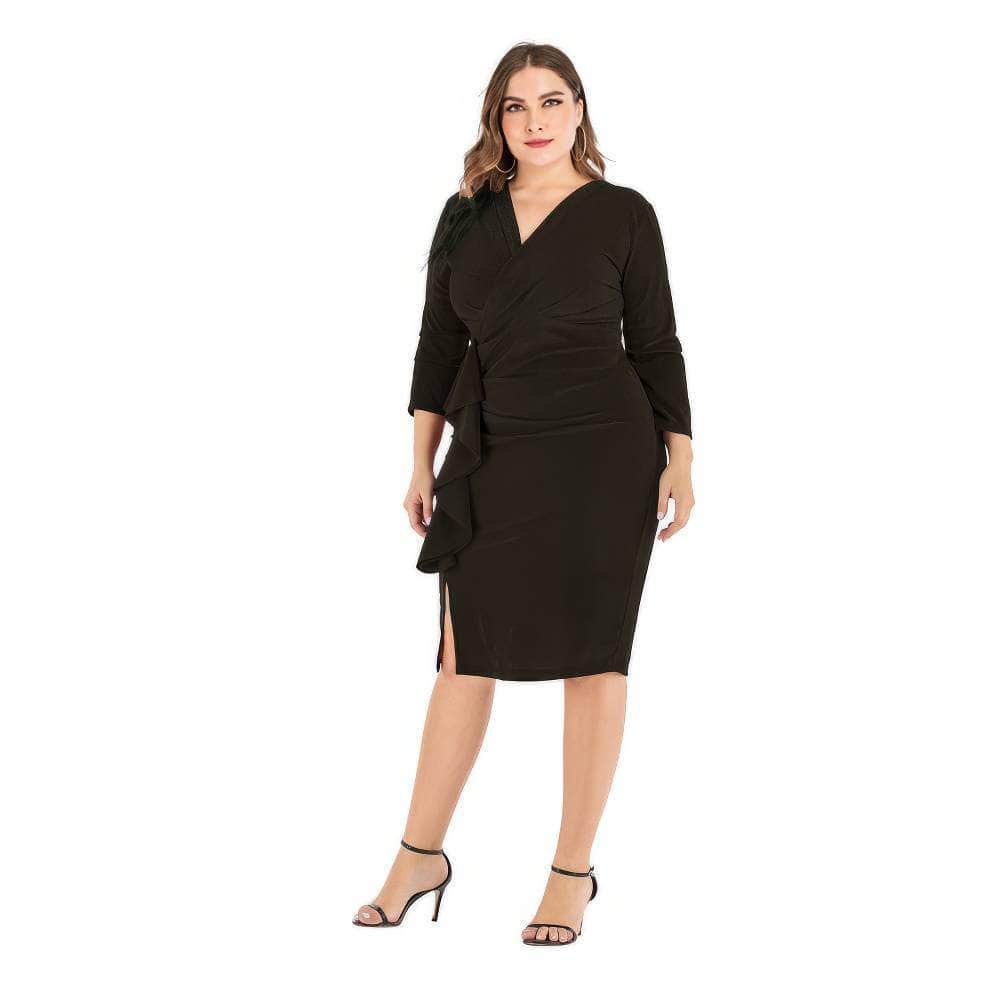 Plus Size Shimmery Surplice Neck Side Ruffled Midi Dress