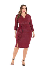 Plus Size Shimmery Surplice Neck Side Ruffled Midi Dress