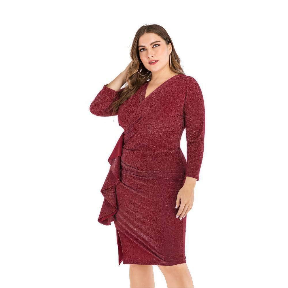 Plus Size Shimmery Surplice Neck Side Ruffled Midi Dress