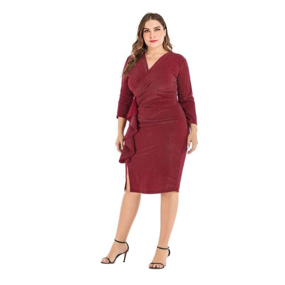 Plus Size Shimmery Surplice Neck Side Ruffled Midi Dress
