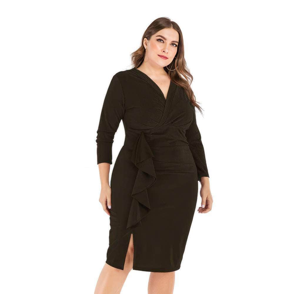 Plus Size Shimmery Surplice Neck Side Ruffled Midi Dress