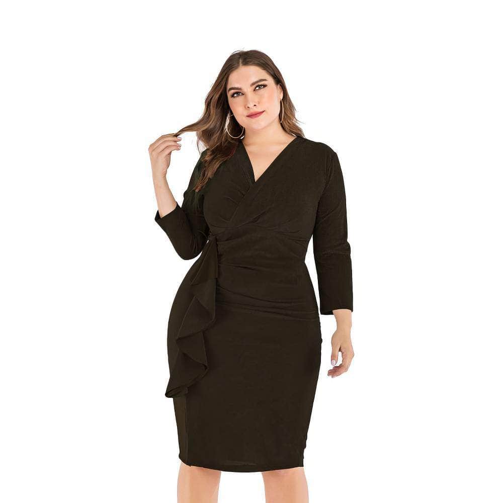Plus Size Shimmery Surplice Neck Side Ruffled Midi Dress US 16-18 / Black
