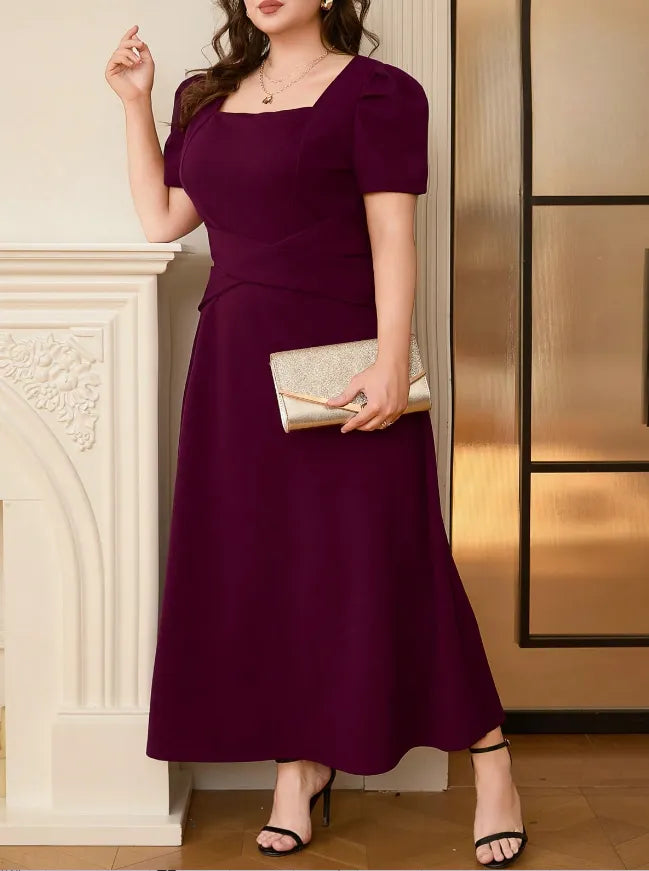 Plus Size Square Neck Puff Sleeve Midi Dress