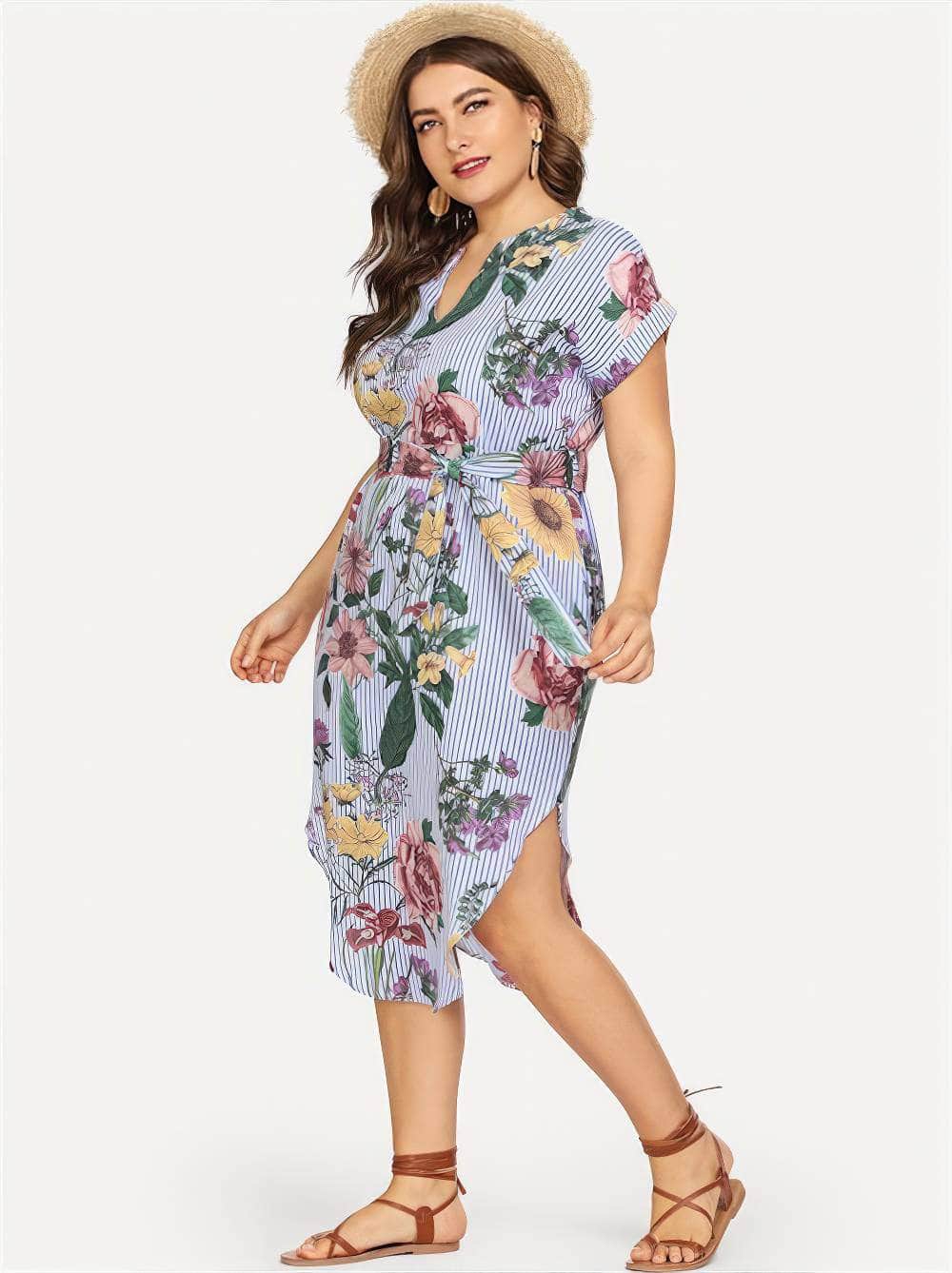 Plus Size Striped Split Belted Multi-Color Dress