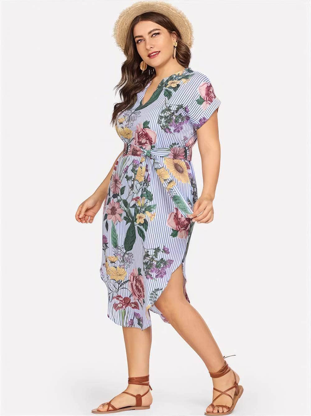 Plus Size Striped Split Belted Multi-Color Dress