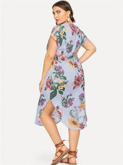 Plus Size Striped Split Belted Multi-Color Dress