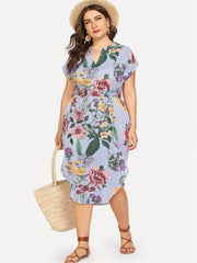 Plus Size Striped Split Belted Multi-Color Dress US 12-14 / LightBlue