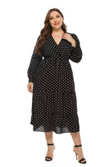 Plus Size Surplice Neck Polka Dot Mesh Dress