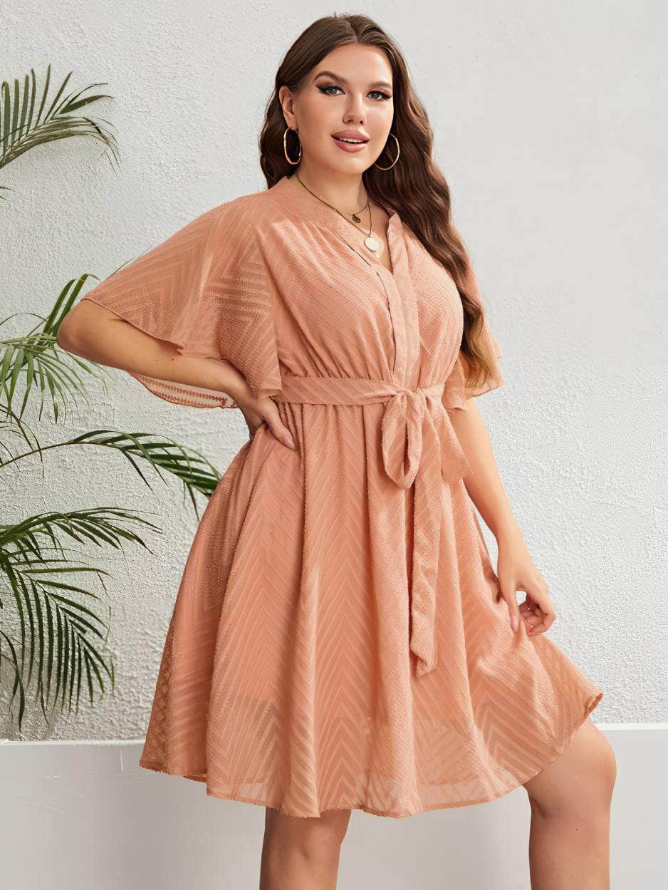 Plus Size Tie Waist Notched Neck Flutter Sleeves Dress US 16-18 / DarkSalmon
