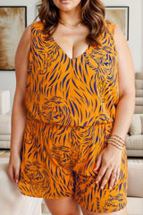 Plus Size Tiger Printed V-Neck Sleeveless Romper Gold / 1X