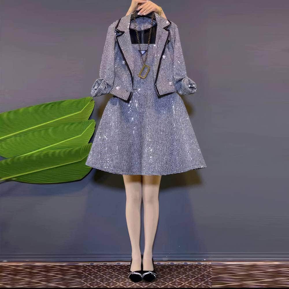 Plus Size Two-Piece Sequin Jacket High Waist Flared Dress