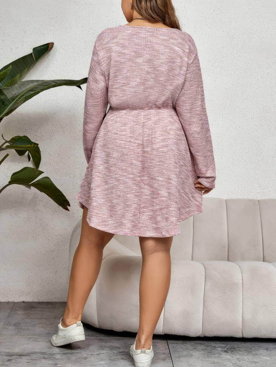 Plus Size V-Neck Sash Waist Sweater Long Sleeve Dress