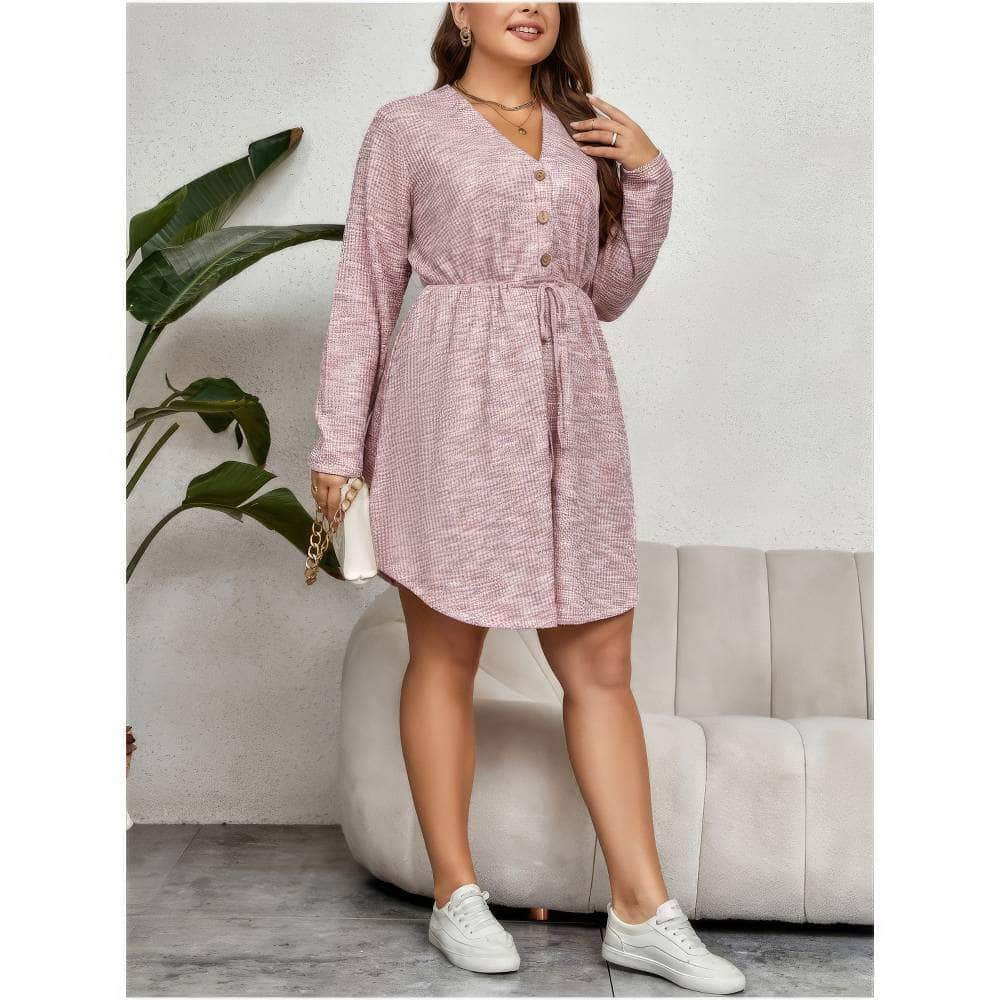 Plus Size V-Neck Sash Waist Sweater Long Sleeve Dress
